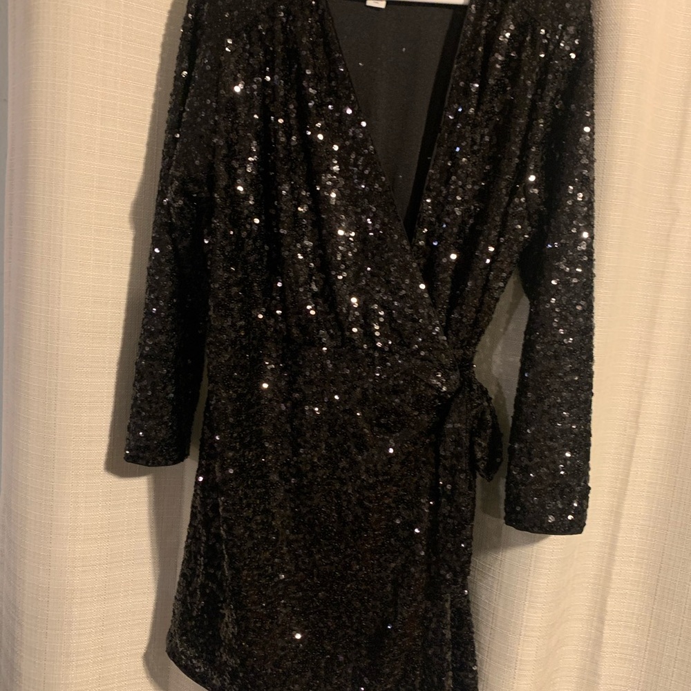 Black Sequin Wrap Dress